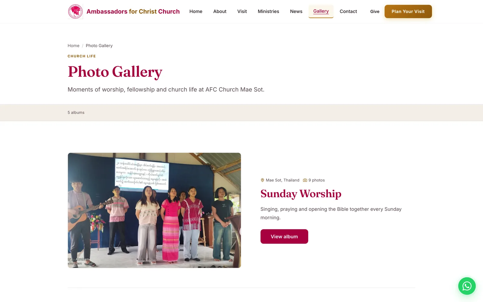 Photo gallery page listing the church's five albums