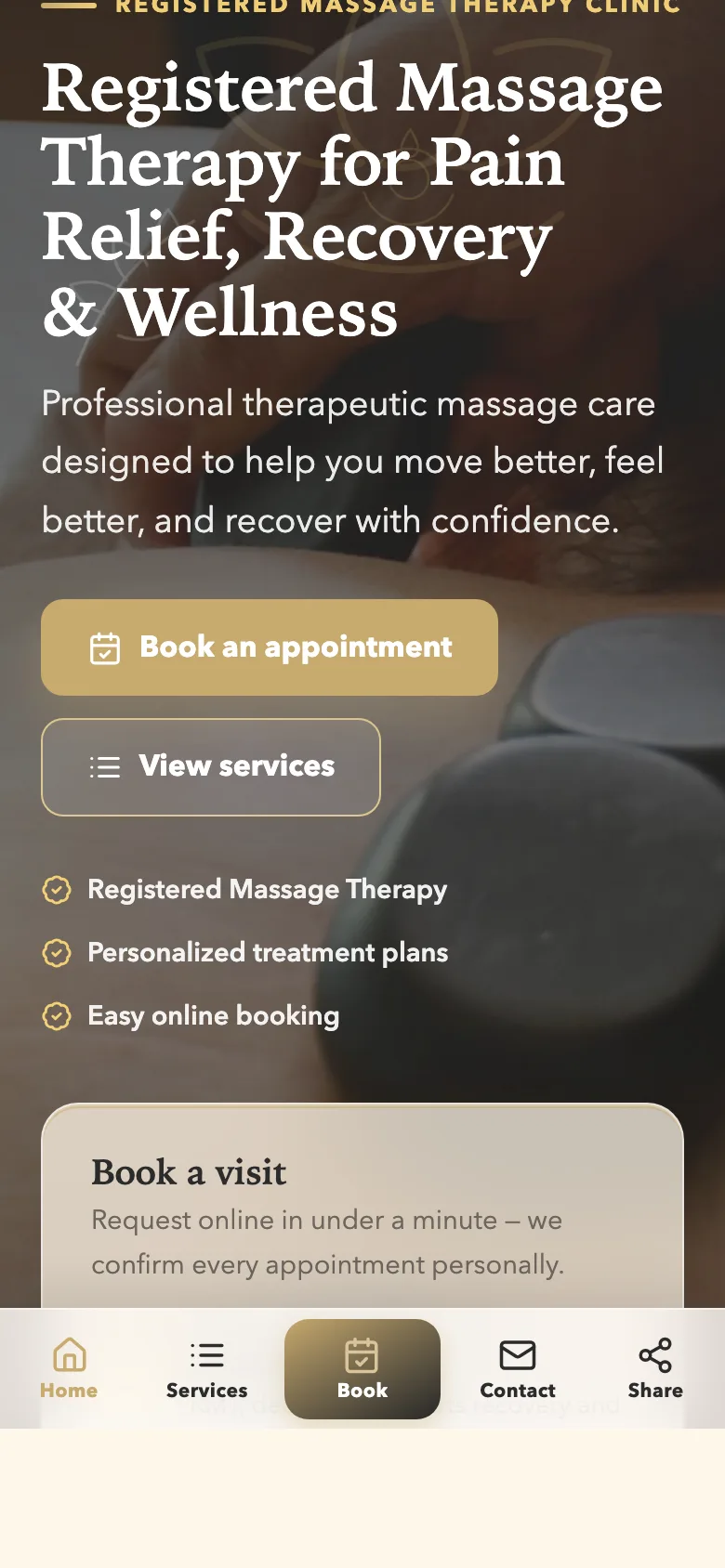 PrimeCareRMT clinic site on a phone