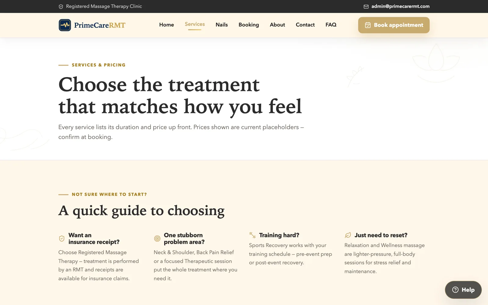 PrimeCareRMT services and pricing page